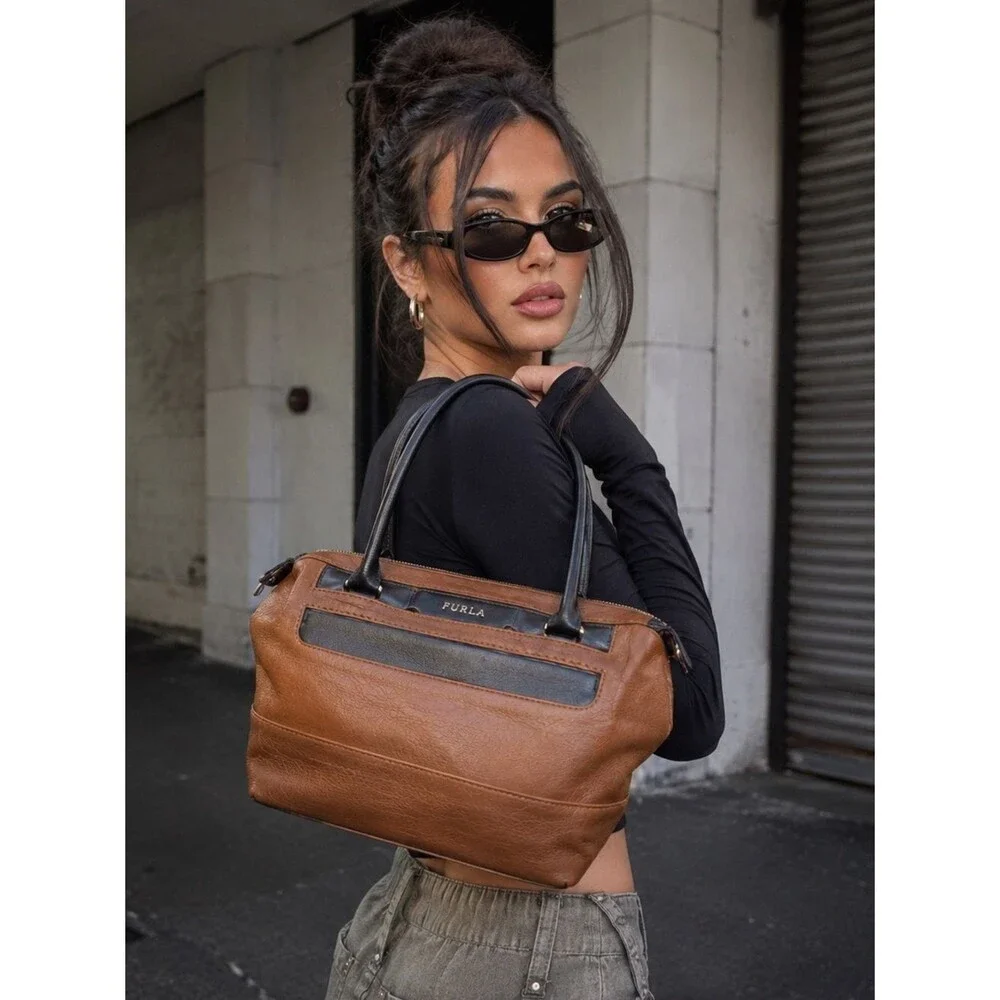Furla Pebbled Leather Satchel Cognac Brown Black Colorblock Bowling Tote Bag Y2K